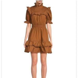 Stellah Brown Peasant Short Sleeve Ruffle Dress Size S